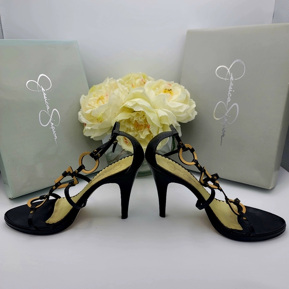 Jessica Simpson Y2K Leather Sexy Black and Gold Women's Sandals Heels Size 8.5 - Picture 7 of 7